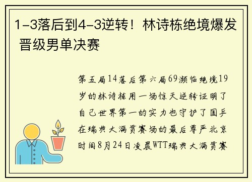 1-3落后到4-3逆转！林诗栋绝境爆发 晋级男单决赛